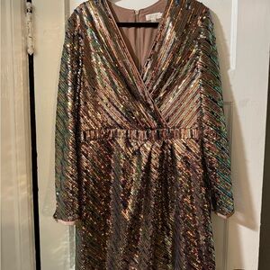 Ted Baker Gold and Brown Sequin Wrap Sheath Dress with Long Bishop Sleeves